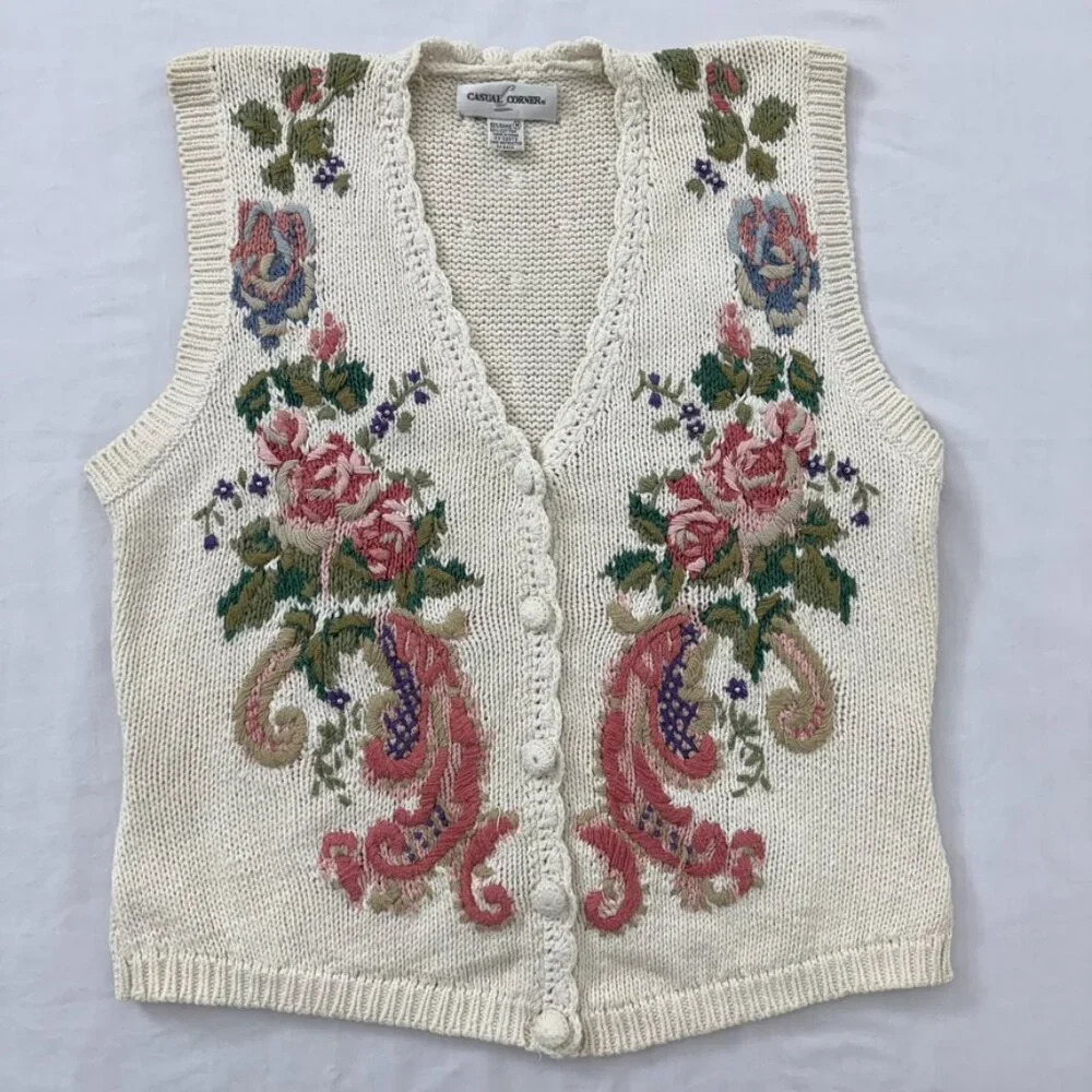 Vintage Casual Corner Women’s Floral Embroidered Knit Sweater Vest Size M - Picture 5 of 10